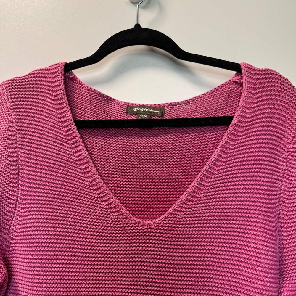 Tommy Bahama 100% Cotton V-Neck Knit Crochet Sweater Pink Pullover Oversized M - Picture 2 of 5